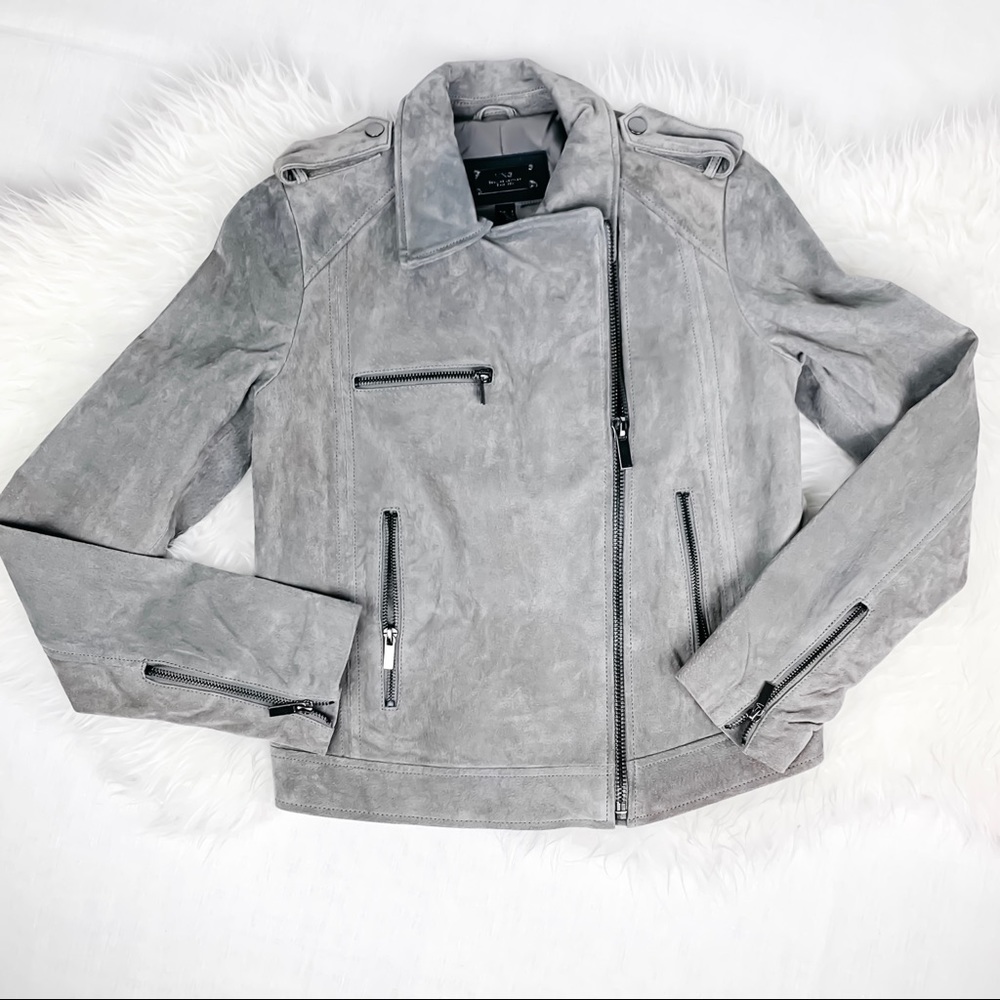 Mango Grey Suede Moto Jacket Size XS